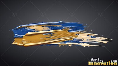 On a deep gray background, a thick smear of blue and metallic gold paint sweeps across