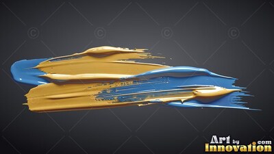 Sweeping across a shadowed background, thick strokes of glossy yellow and wet blue paint blend together