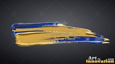 Thick smear of glossy blue and metallic gold paint on dark gray