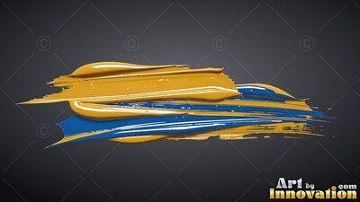Thick yellow and glossy blue paint smears horizontally across a dark background with glossy highlights