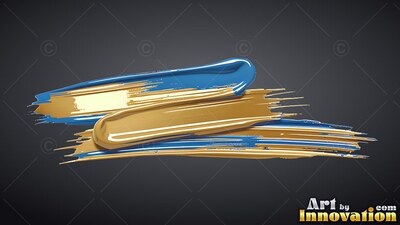 Tilted over dark gray backdrop, thick gold and blue brushstrokes sweep sideways