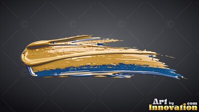 A thick brushstroke of gold and blue paint smears across a gray background