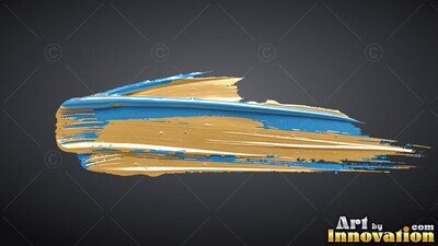 On a dark gray backdrop, a thick brushstroke of gold and bright wet blue paint sweeps across