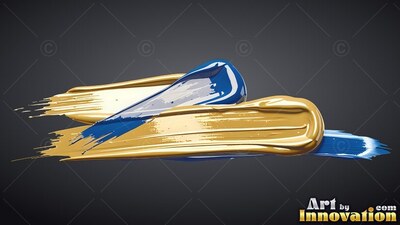 Sweeping sideways, thick strokes of glossy gold and bright blue paint cross on a gray backdrop