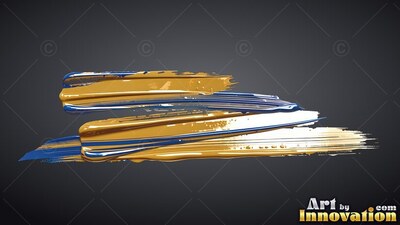 Thick gold and blue sweeps of paint on dark gray