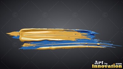 Thick yellow paint spreads over bright blue brush strokes against dark gray