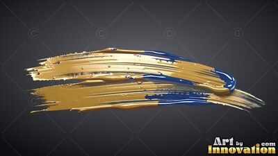 Wet gold paint sweeps horizontally across a dark background, mixed with shiny blue streaks