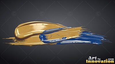 Swept horizontally across dark gray, broad gold and blue paint marks blend