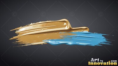 Thick smears of glossy gold and wet blue paint spread across a dark backdrop
