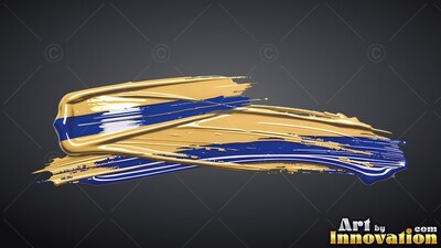On a dark gray backdrop, a thick brushstroke blends shiny gold and glossy blue paint