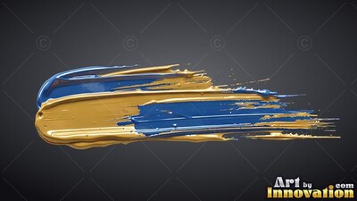 Sweeping across a deep gray background, a thick stroke of blue and wet gold paint splashes to the right