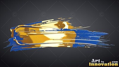 Thick shiny gold paint sits over broad blue brush strokes across a deep gray backdrop