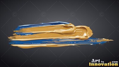 Thick wet gold paint smears over blue strokes, reflecting light with a glossy sheen