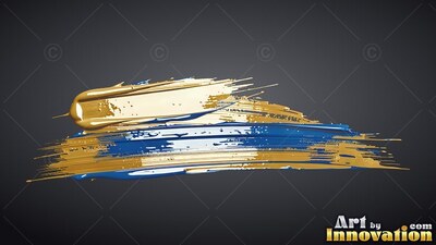 Sweeping horizontally across a dark gray background, gold and glossy blue paint smears