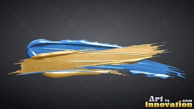 Thick gold and glossy blue paint brushstrokes smear horizontally over a dark gray space