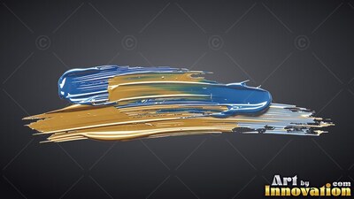 On a plain dark gray background, thick blue and metallic gold paint sweeps sideways