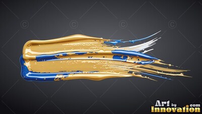 Sweeping across dark gray, a thick smear of glossy metallic gold paint mixes with blue streaks