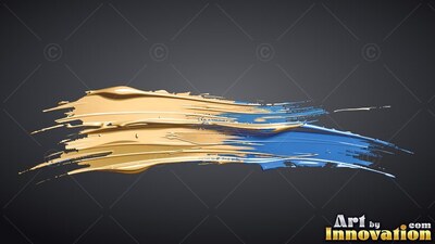 Thick ridges of glossy gold and glossy blue paint sweep across a dark gray backdrop