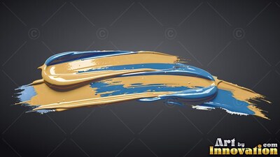 A thick brushstroke of gold and wet blue paint sweeps horizontally with glossy white highlights