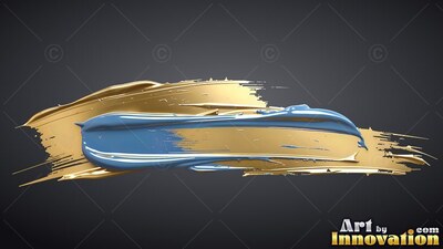 Stretched horizontally on a black background, deep gold and blue paint strokes