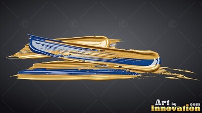 Thick strokes of glossy gold and blue paint smeared across a dark backdrop