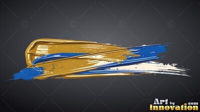 Against a dark gray backdrop, thick gold and bright blue paint smears sweep across