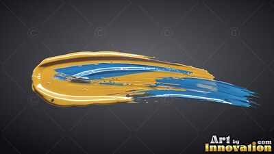 Sweeping across a dark backdrop, a thick stroke of yellow and glossy blue paint
