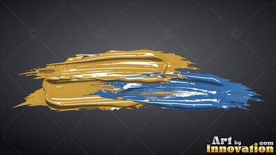 Deep gold and blue paint brushstrokes on dark gray