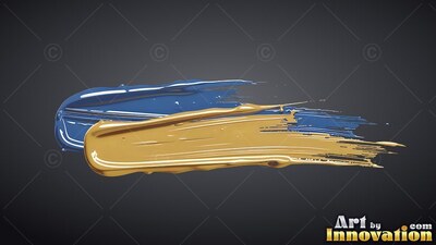 Glossy blue and wet gold paint strokes sweep together along a dark gray backdrop