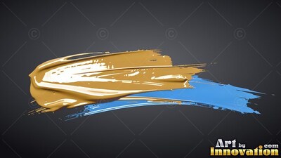Thick glossy gold paint sweeps across dark gray beside a streak of light wet blue paint