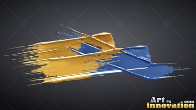 Streaking horizontally on dark gray, thick yellow and blue paint brushstrokes