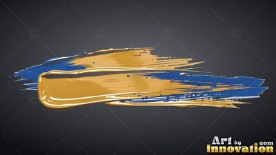 A streak of thick gold and deep blue paint smears across dark gray