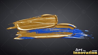 On a dark background, dense gold paint strokes overlap with bright wet blue paint