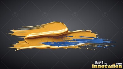 Sweeping across a black background, thick yellow and deep blue paint blends together