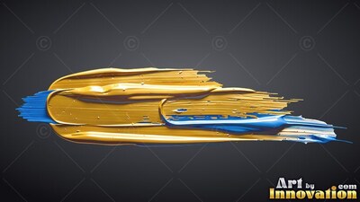 Deep gold and blue paint smeared across a gray backdrop