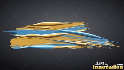 Swept horizontally across dark gray, broad gold and deep blue paint brushstrokes