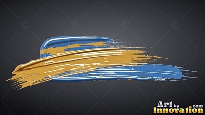 Thick blue and wet gold brushstrokes layered across a dark background