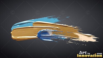 Against a charcoal background, thick streaks of gold and deep blue paint sweep sideways