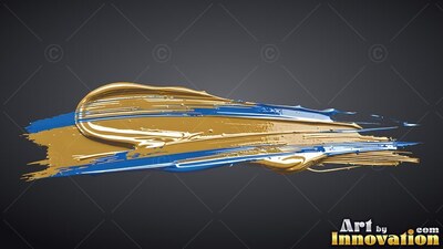 Sweeping across a deep gray background, heavy gold and blue paint smears in layered strokes