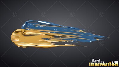 Ridged yellow and bright blue paint smears horizontally across a plain gray background