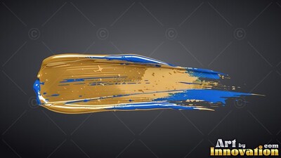 A thick smear of wet gold paint sweeps across the surface, edged with bright blue streaks