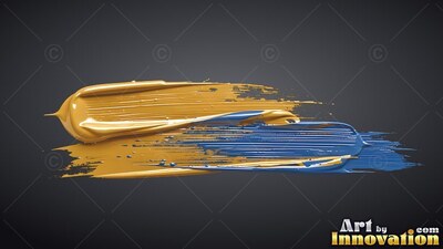Sweeping horizontally on a deep gray background, broad gold and blue sweeps of paint