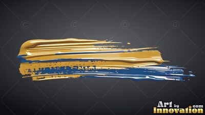 A thick smear of shiny gold and dark glossy blue paint along a dark gray backdrop