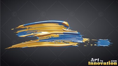 On a dark gray backdrop, layered strokes of glossy yellow and deep blue paint