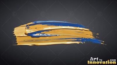 Sweeping along a dark gray backdrop, a thick stroke of yellow and blue paint