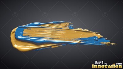 Thick ridges of glossy gold and blue paint sweep across a dark gray backdrop