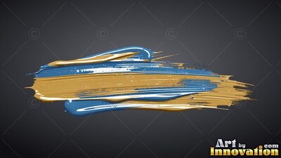 A thick stroke of gold and deep blue paint sweeps sideways, catching white light along its wet ridges