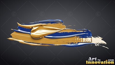 Stretched horizontally on dark gray, heavy gold and wet blue paint smears together