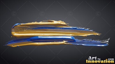 Thick strokes of wet gold and bright blue paint smeared across dark gray