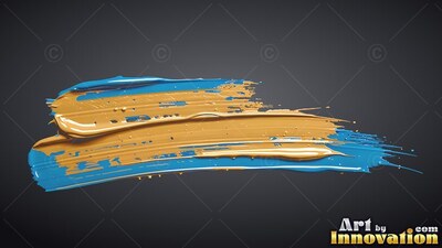 On a dark gray backdrop, a thick smear of wet gold and blue paint sweeps across